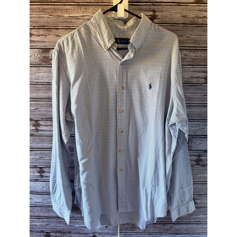 Ralph Lauren Men's Long-Sleeved Button-Down Shirt Size XL White Blue Brown Plaid